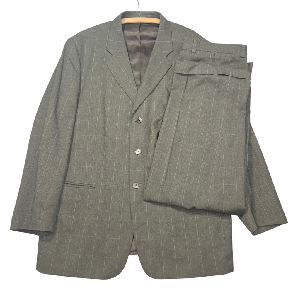 VTG Perry Ellis Windowpane Check 2pc Suit Blazer Pleated Pants Grey Sz 46 XXL